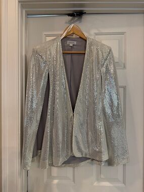 TAHARI Silver Sequin Open-Front Blazer